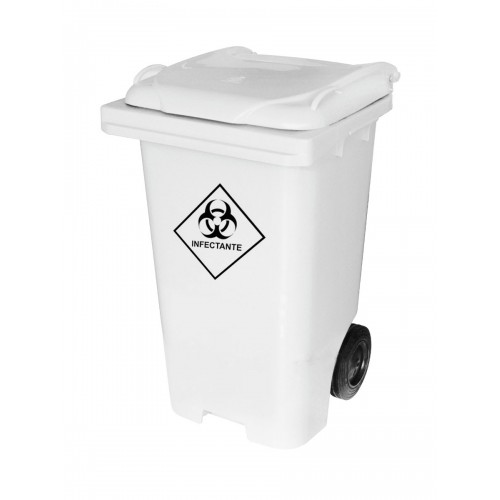 Carrinho Container de Lixo 120Lt´s - Branco Com Adesivo Infectante