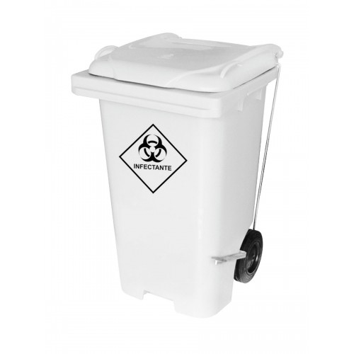 Carrinho Container de Lixo 120Lt´s - Branco Com Adesivo Infectante - Com Pedal Lateral