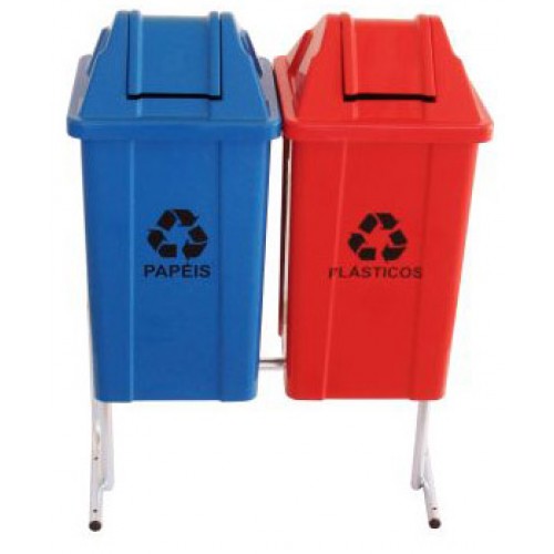 Conjunto com 2 Lixeiras para Coleta Seletiva em Polipropileno 60Lt´s com Estrutura Metálica