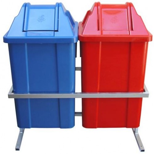 Conjunto com 2 Lixeiras para Coleta Seletiva em Polipropileno 60Lt´s com Estrutura Metálica em Berço