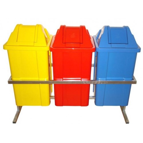 Conjunto com 3 Lixeiras para Coleta Seletiva em Polipropileno 60Lt´s com Estrutura Metálica em Berço