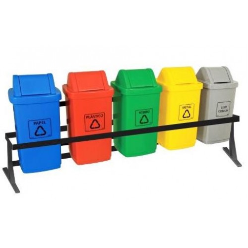 Conjunto com 5 Lixeiras para Coleta Seletiva em Polipropileno 60Lt´s com Estrutura Metálica em Berço